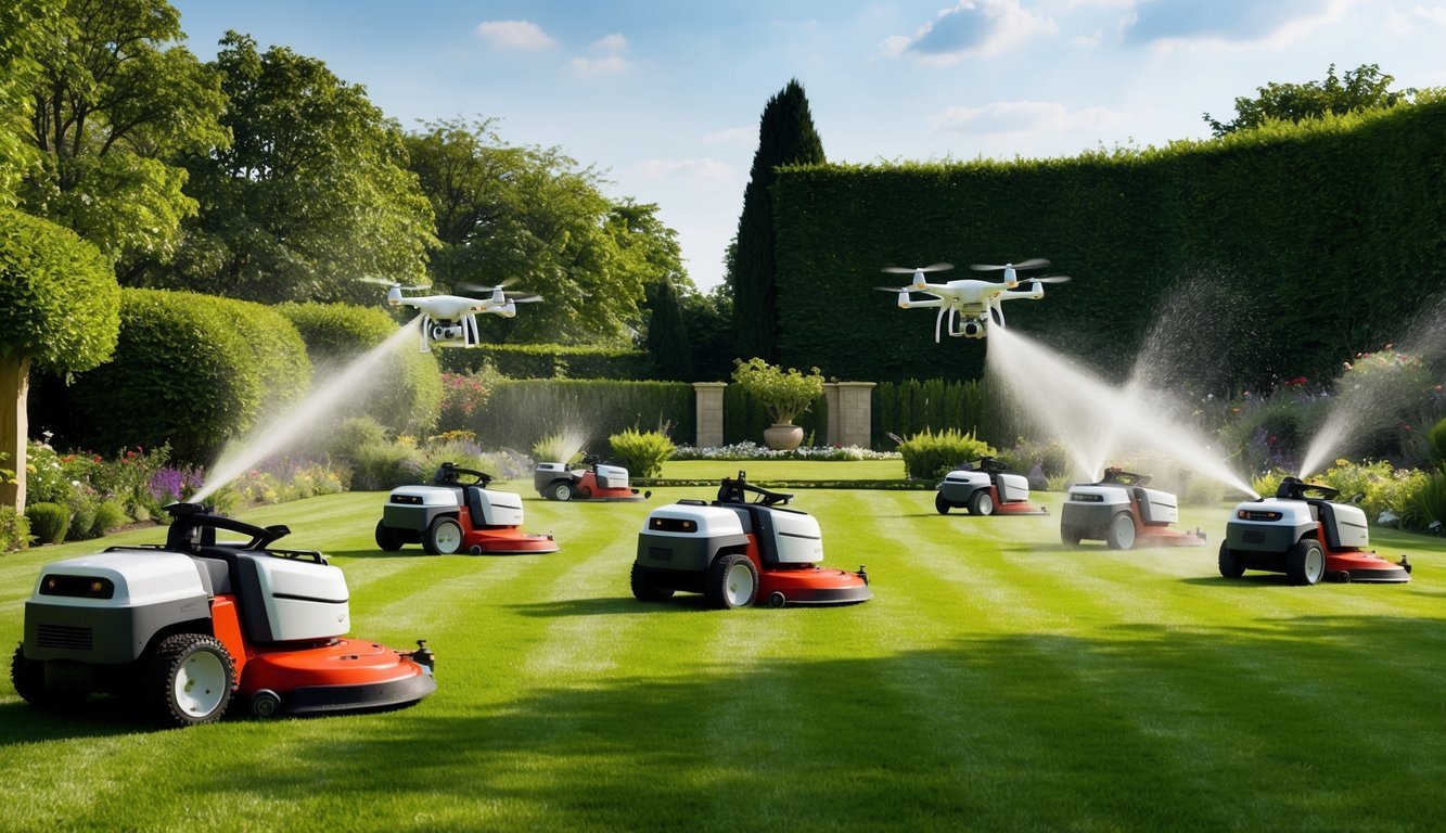 A sprawling garden with robotic lawnmowers, automated sprinkler systems, and drones spraying pesticides over large property