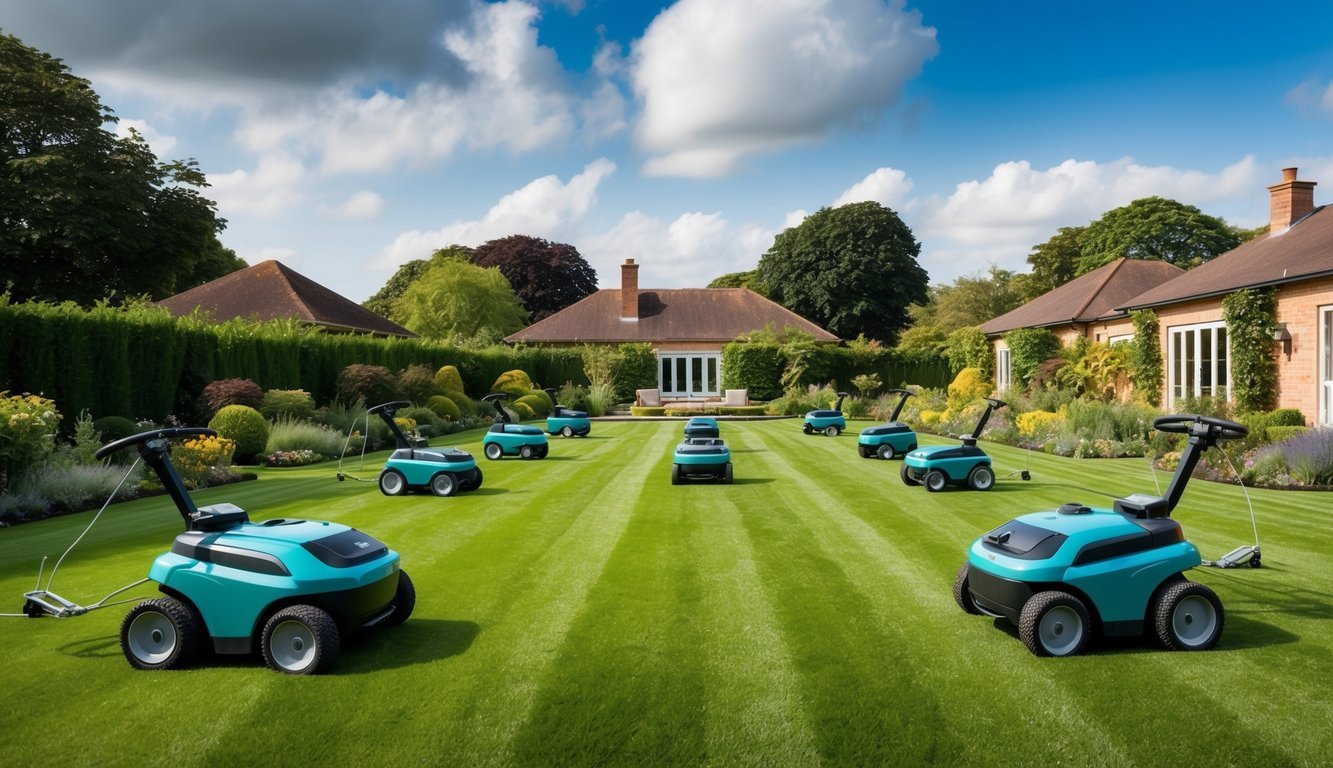 A sprawling garden with automated irrigation, robotic mowers, and smart sensors on a large property