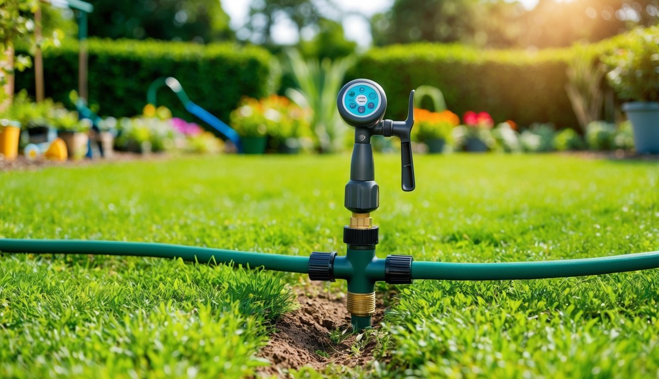 A sprawling garden with a smart hose faucet timer attached to a spigot, surrounded by lush greenery and various garden care tools