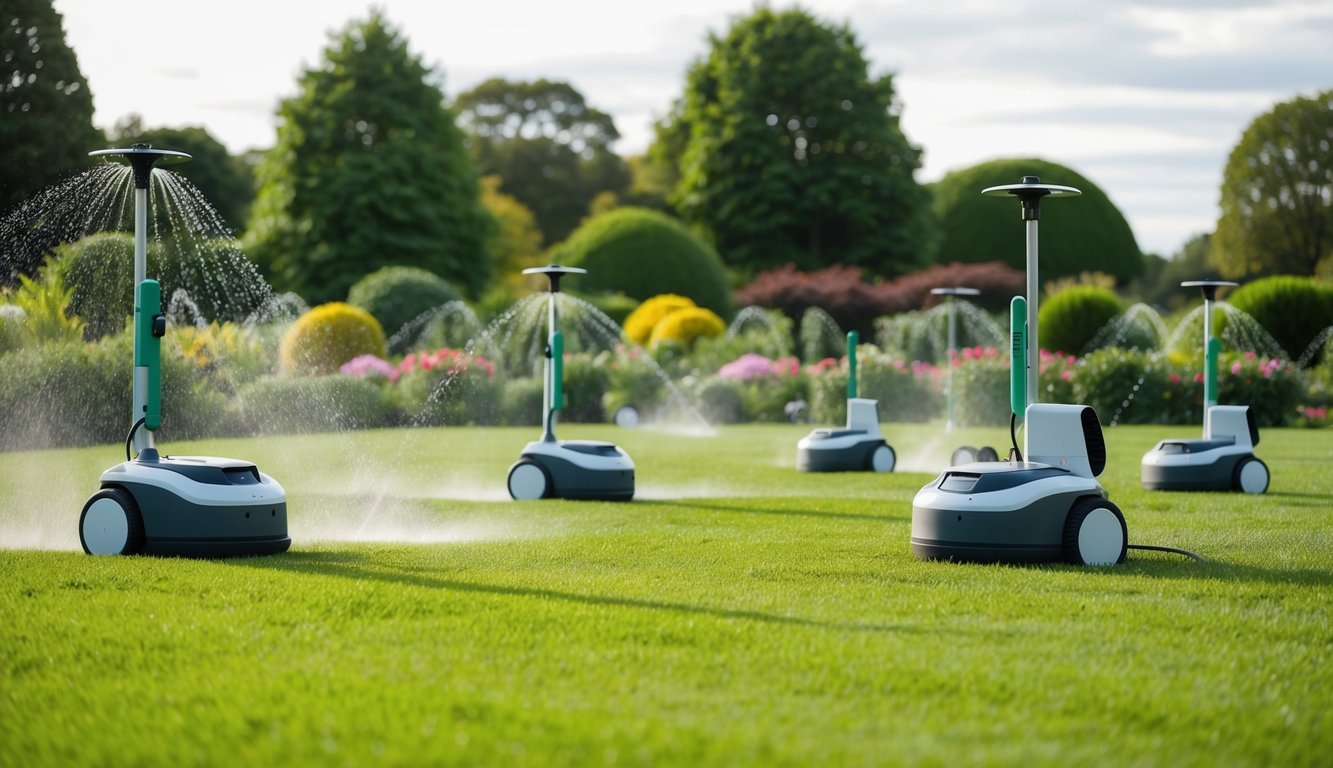 A sprawling garden with automated sprinklers, robotic lawnmowers, and smart sensors controlling plant watering and fertilization