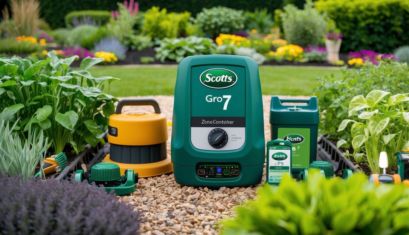 A large garden with a variety of plants and landscaping features, with a Scotts Gro 7 Zone Controller prominently displayed, surrounded by automated gardening tools and equipment