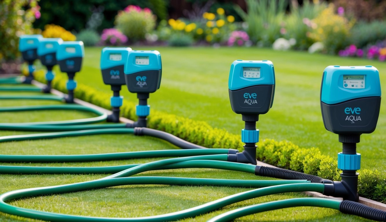 A sprawling garden with a network of hoses connected to Eve Aqua Water Controllers, each one managing a different area of the property