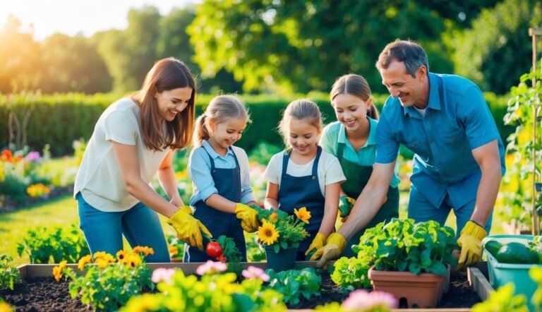 Family gardening together, planting flowers and vegetables in a sunny garden
