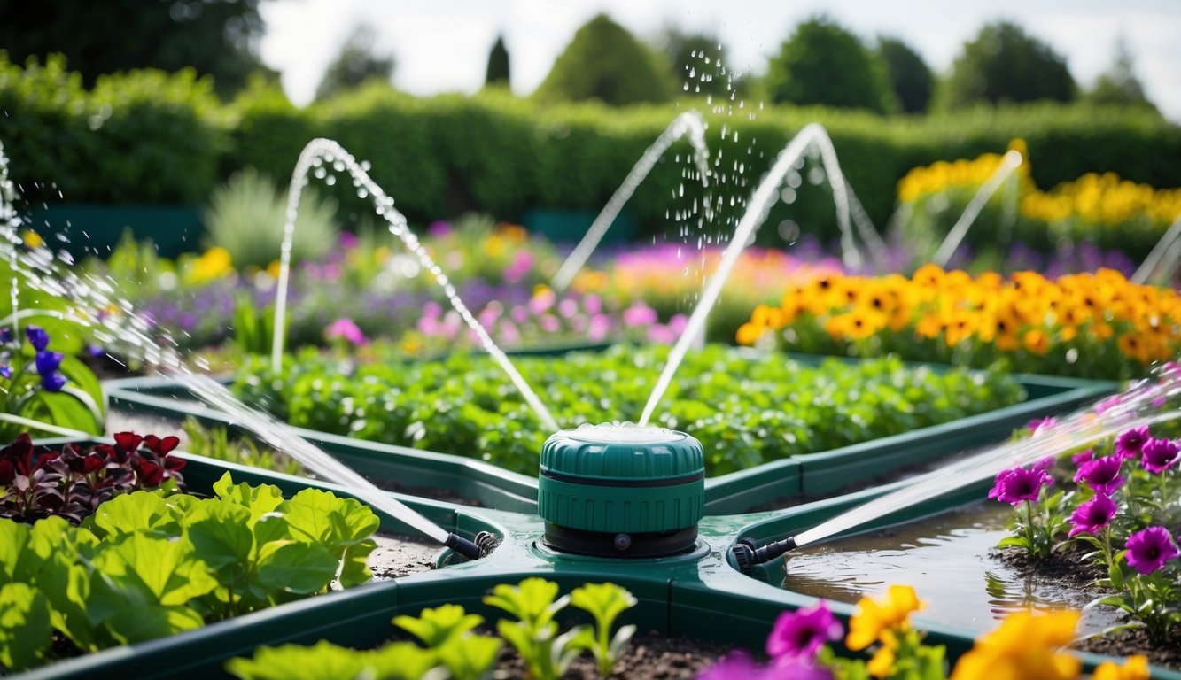 A large garden with multiple zones of plants and flowers, each being watered by the Blossom 8 Zone Smart Watering Controller