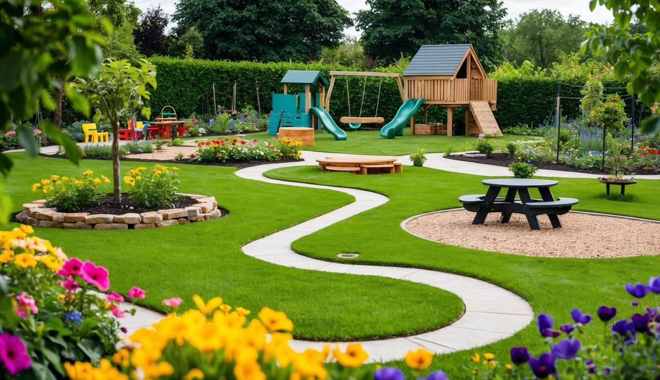 A colorful garden with winding paths, a play area, and a picnic spot surrounded by vibrant flowers and lush greenery.</p><p>A treehouse and a vegetable garden add to the family-friendly atmosphere