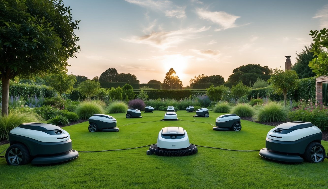 A sprawling garden with automated irrigation, robotic lawnmowers, and sensor-controlled plant feeders, all working together to maintain the lush landscape