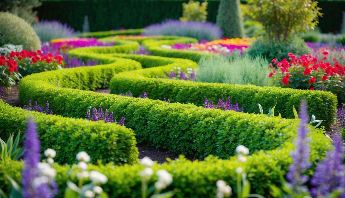 A lush, winding maze of vibrant, fragrant plants creates a sensory wonderland in a family-friendly garden