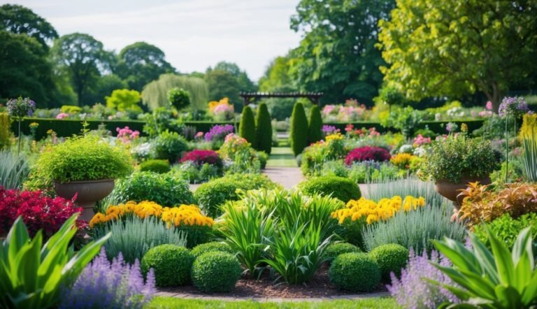 Lush, colorful garden with a pathway leading to a wooden pergola