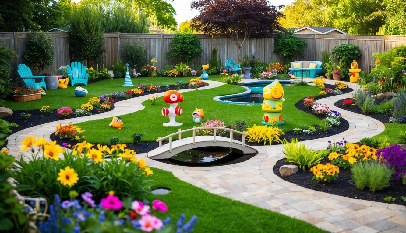 A vibrant garden with winding paths, a variety of colorful flowers, and whimsical sculptures scattered throughout.</p><p>A small pond with a bridge and a cozy seating area completes the family-friendly yard