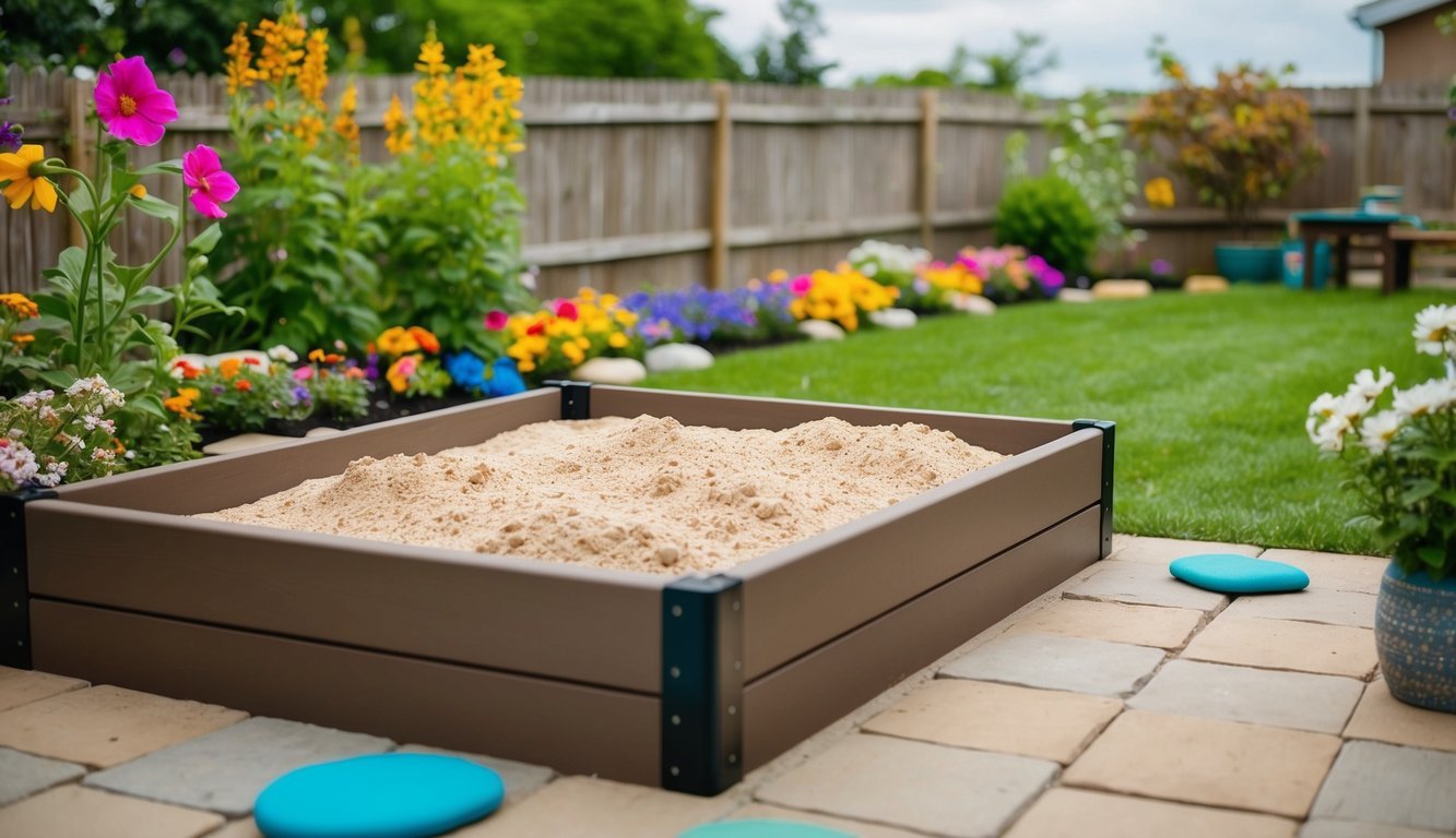 A cozy backyard sandbox with a surrounding garden, featuring colorful flowers, stepping stones, and a small wooden fence