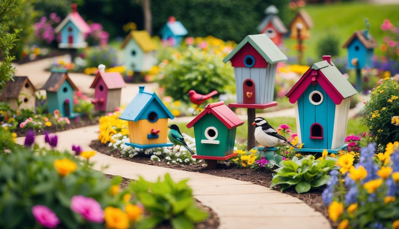 A quaint village of birdhouses nestled among blooming gardens, with winding paths and colorful flowers creating a whimsical and family-friendly atmosphere