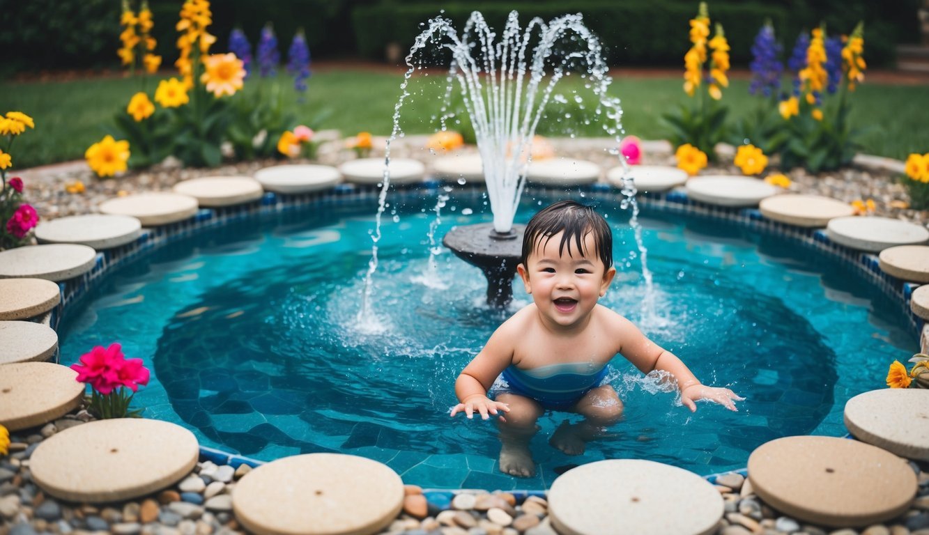 A child splashes in a shallow, circular pool surrounded by colorful flowers and stepping stones.</p><p>A small fountain in the center sprays water into the air