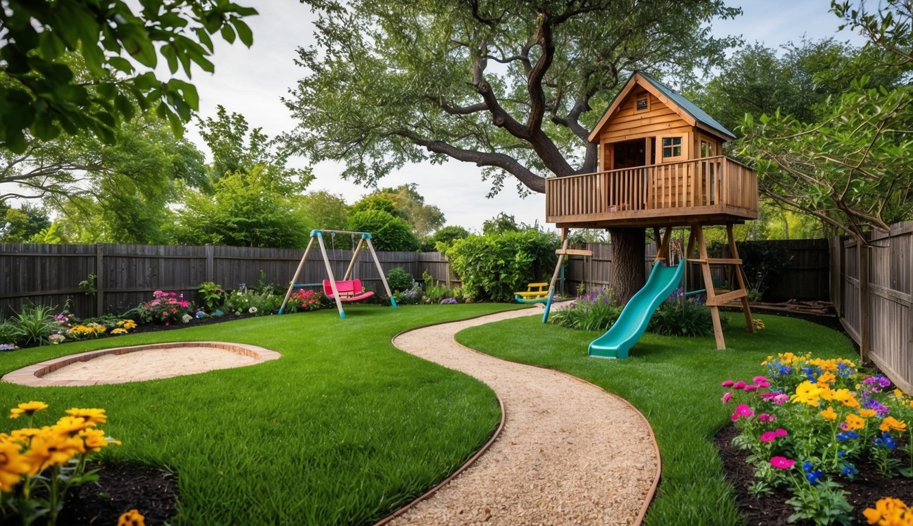 A whimsical garden with a winding path, colorful flowers, and a treehouse nestled among the branches.</p><p>A swing set and sandbox add to the playful atmosphere