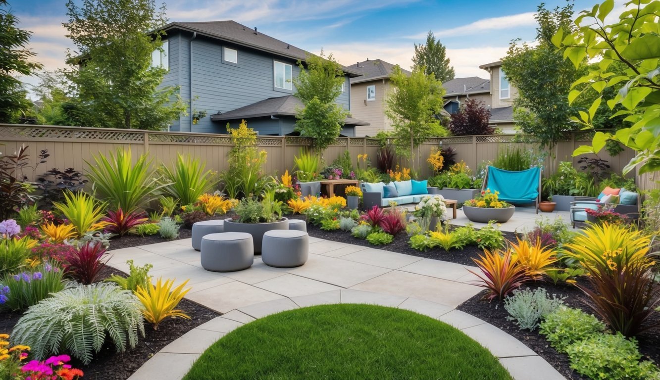 A backyard garden filled with colorful native plants arranged in creative designs, surrounded by family-friendly features like a play area and seating