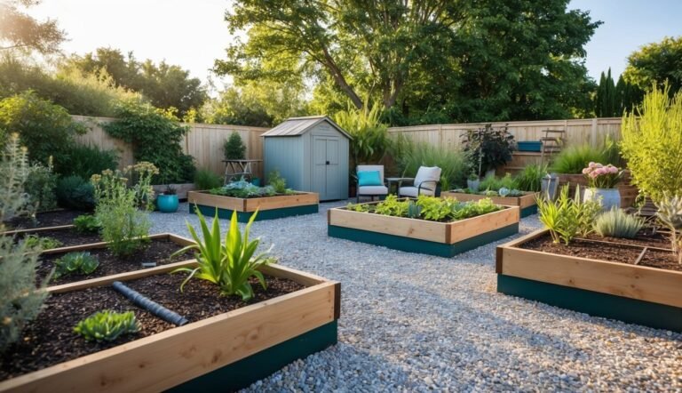 Raised garden beds with plants, gravel path, shed, and seating area