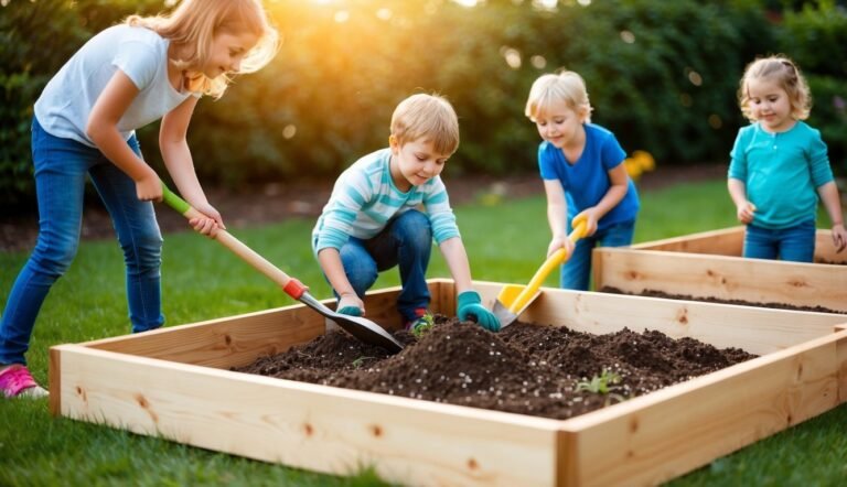 Four children gardening together in raised wooden garden beds