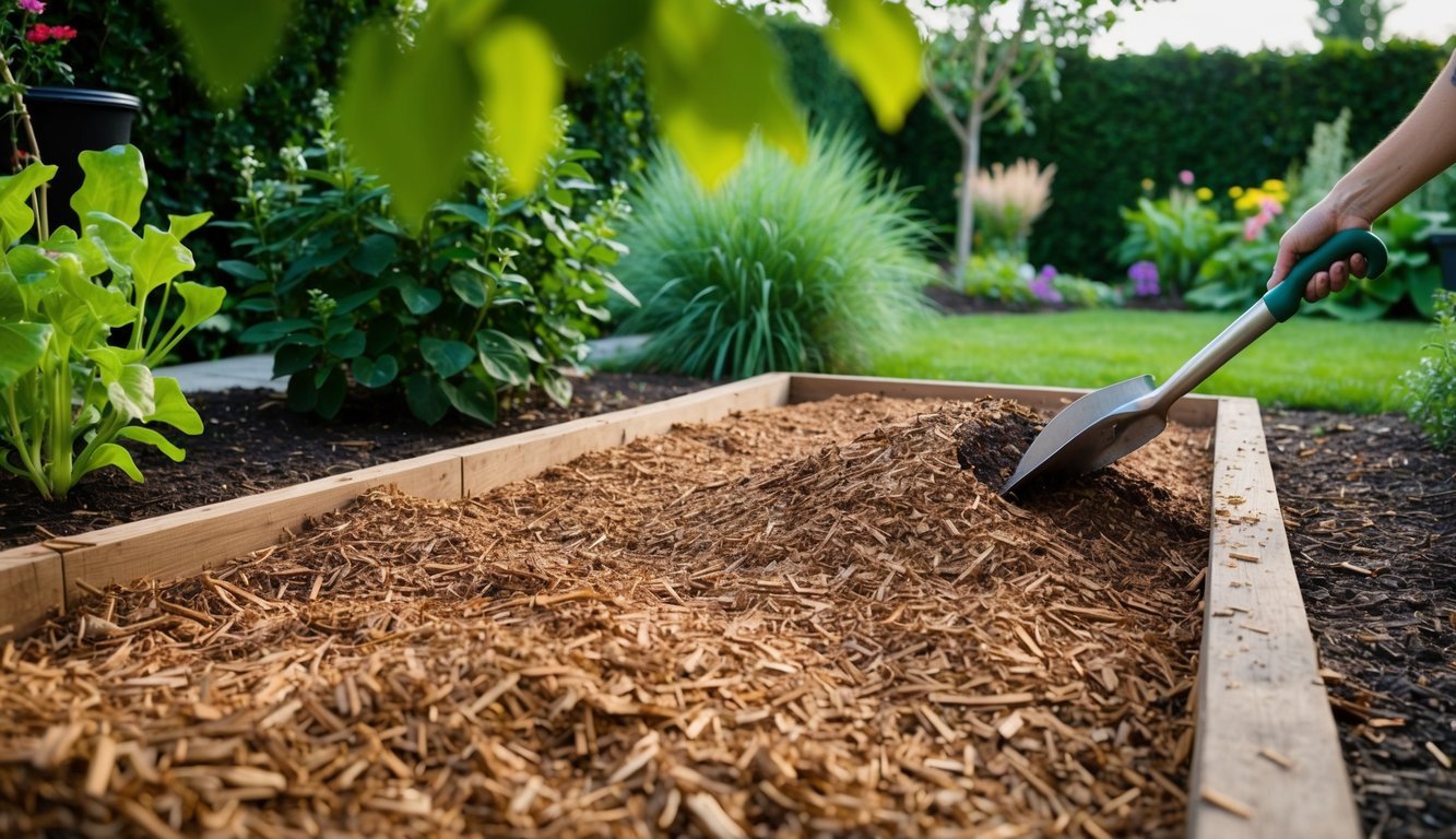 A garden bed being covered with a thick layer of mulch, surrounding plants and trees, with a sense of order and tranquility