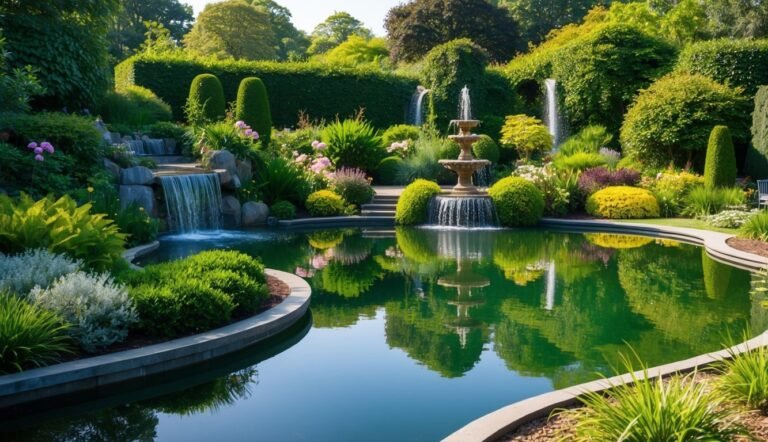 Scenic garden with waterfalls, fountain, and reflecting pool surrounded by greenery