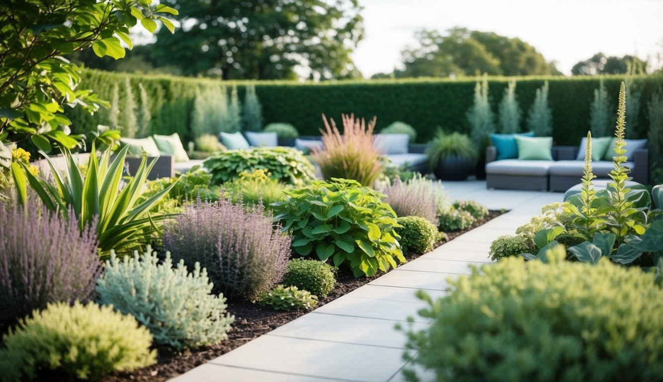A serene garden with a variety of low-maintenance plants arranged in an organized and visually appealing manner, with pathways and seating areas for relaxation