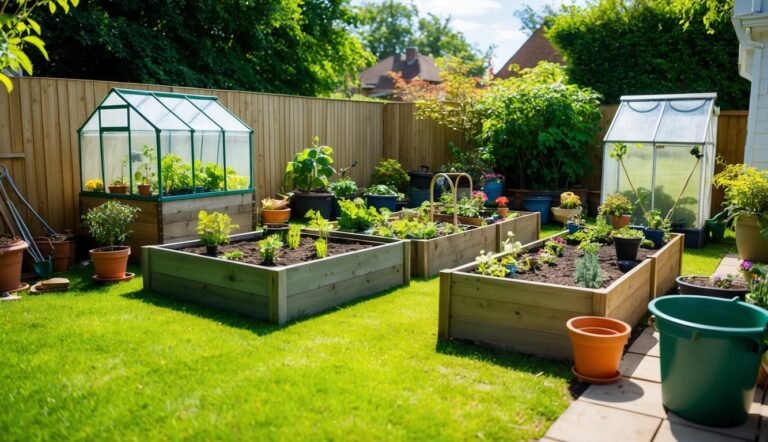 Backyard garden with raised beds, greenhouses, and lush greenery