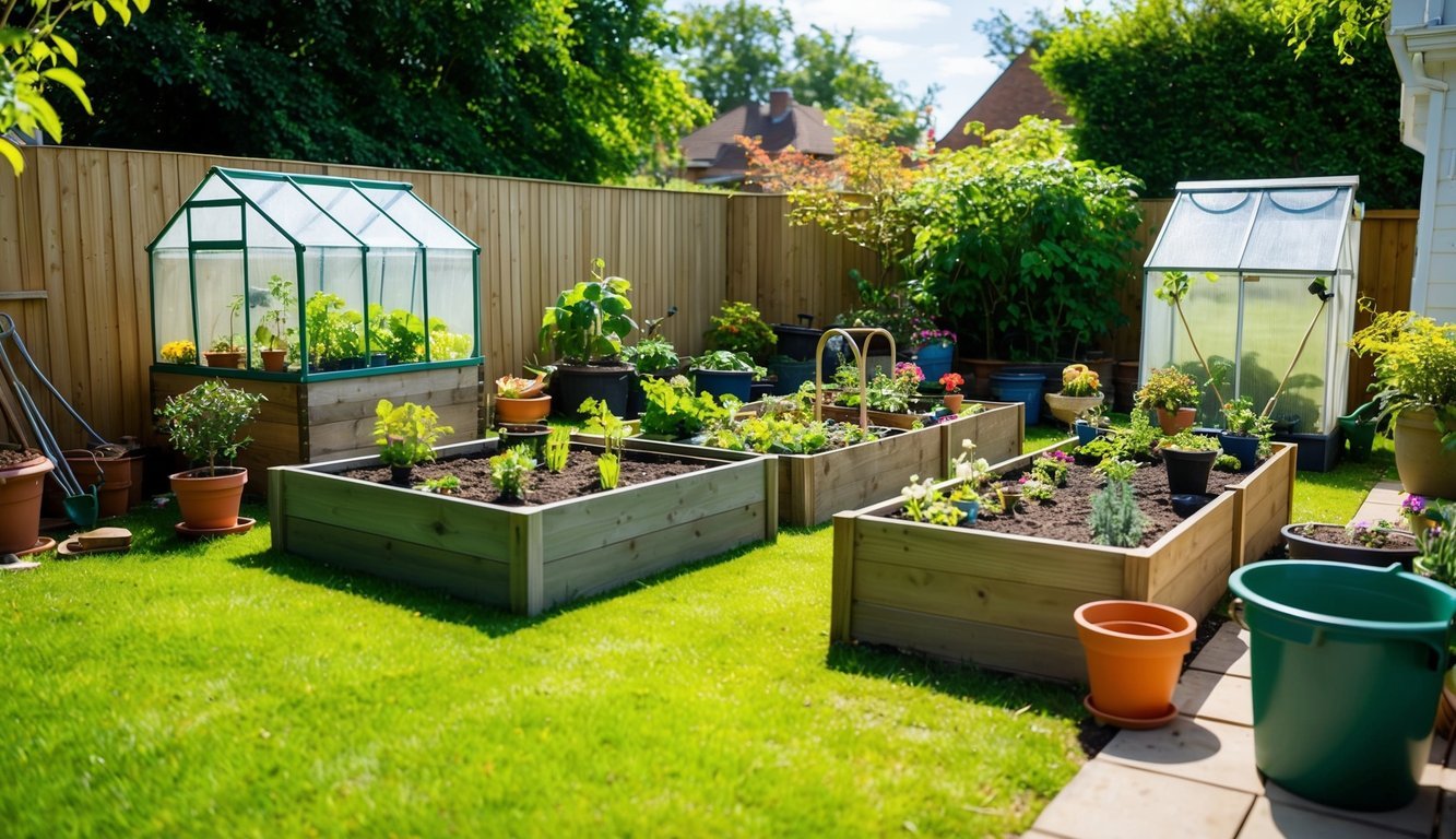 A sunny backyard with raised garden beds, a variety of potted plants, and gardening tools scattered around.</p><p>A small greenhouse in the corner and a compost bin nearby