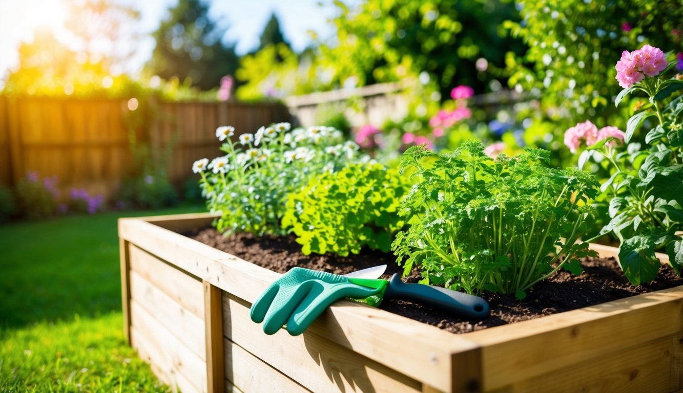 A sunny backyard with a wooden raised herb garden, surrounded by blooming flowers and greenery.</p><p>A pair of gardening gloves and a trowel sit on the edge of the garden bed