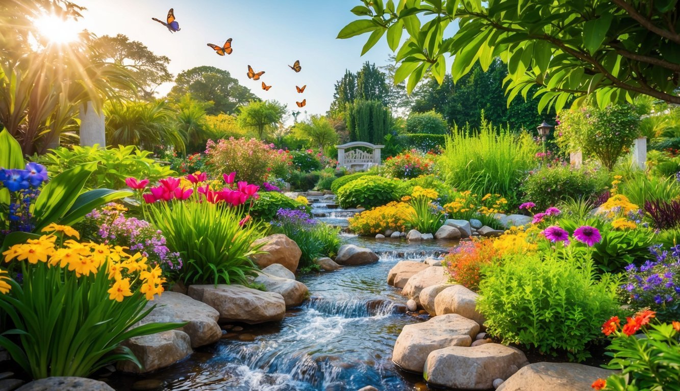 A lush garden with colorful flowers and plants, a bubbling stream, and fluttering butterflies in a peaceful sanctuary setting