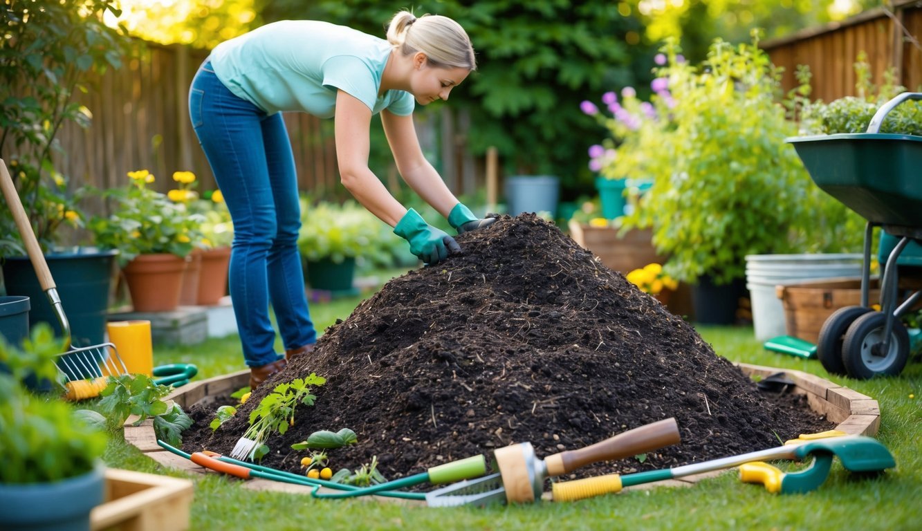 A person tending to a compost pile in a backyard garden, surrounded by various gardening tools and materials