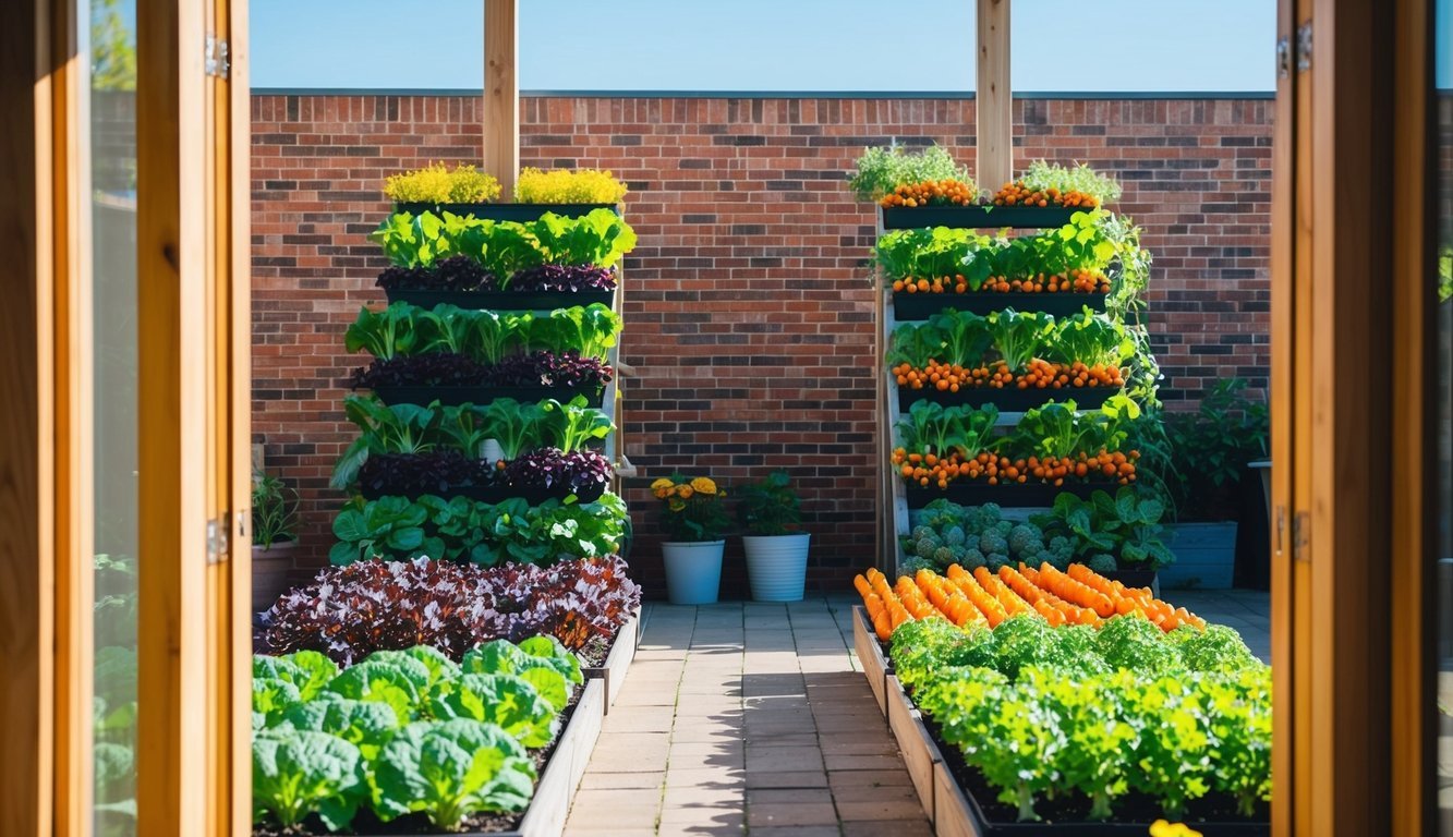 A sunny outdoor patio with a tall, narrow wooden structure against a brick wall, filled with rows of vibrant green plants and colorful vegetables growing in various tiers