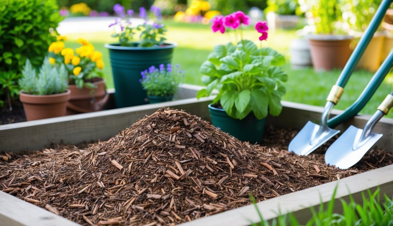 A garden bed with freshly spread mulch, surrounded by neatly arranged gardening tools and plants