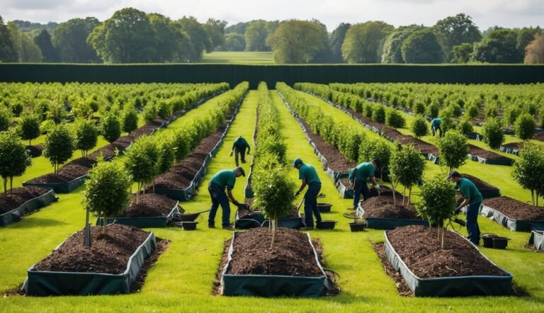 Workers tending to rows of young trees in a large, manicured garden
