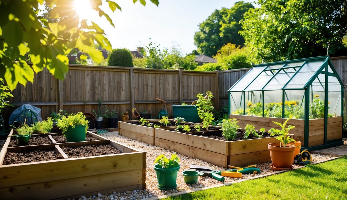 A sunny backyard with raised garden beds, potted plants, and a small greenhouse.</p><p>A variety of gardening tools scattered around