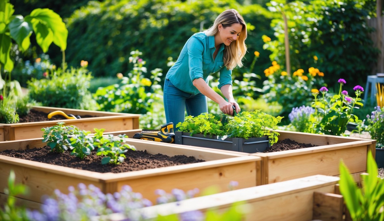 A woman tends to raised garden beds, surrounded by lush greenery and vibrant flowers.</p><p>The beds are elevated for easier access, with tools neatly organized nearby