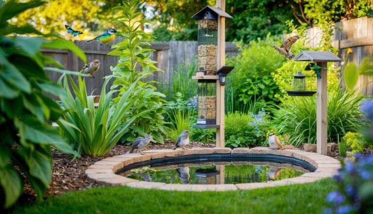 Birds around a bird bath and feeders in a lush, green garden