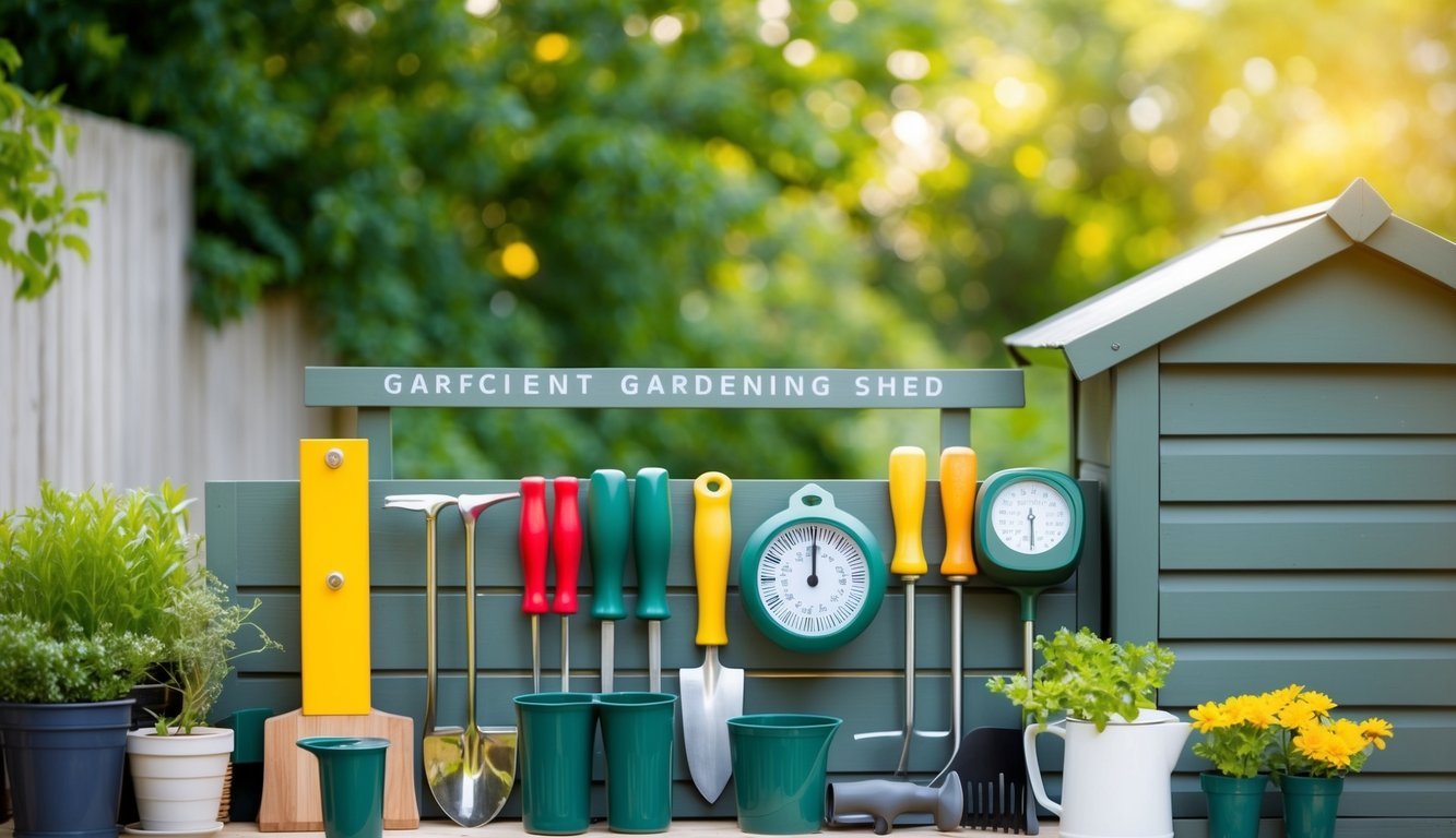 A neatly organized gardening shed with labeled tools and a timer for efficient gardening