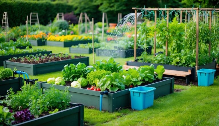 Raised garden beds with various vegetables being watered