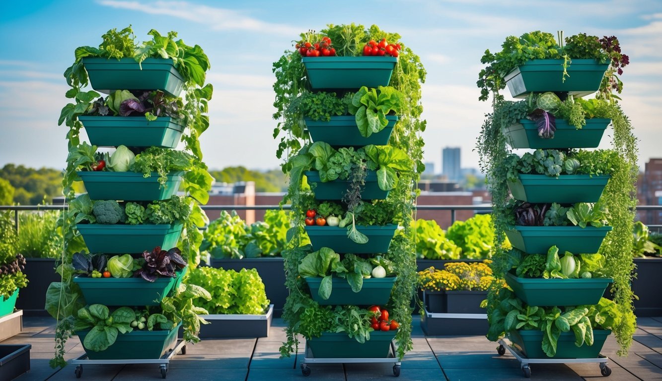 A rooftop garden with five vertical gardening towers, each overflowing with a variety of vegetables and herbs, creating a lush and vibrant display of large-scale vegetable gardening