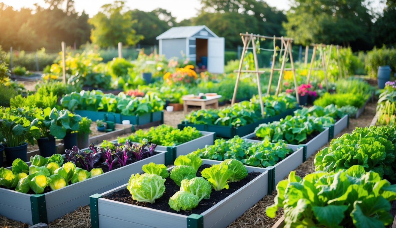 A sprawling vegetable garden with raised beds, trellises, and containers, all bursting with a variety of vibrant, healthy vegetables.</p><p>A small shed in the background holds tools and supplies