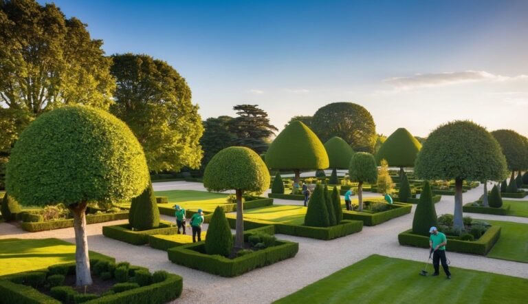 Manicured garden with topiary trees and gardeners tending the grounds