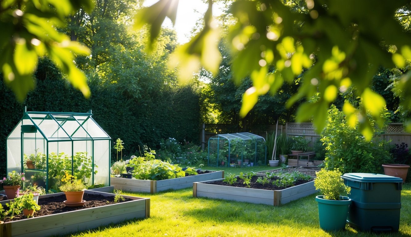 A serene backyard with raised garden beds, a small greenhouse, potted herbs, and a compost bin.</p><p>Sunshine filters through the trees, and a gentle breeze rustles the leaves