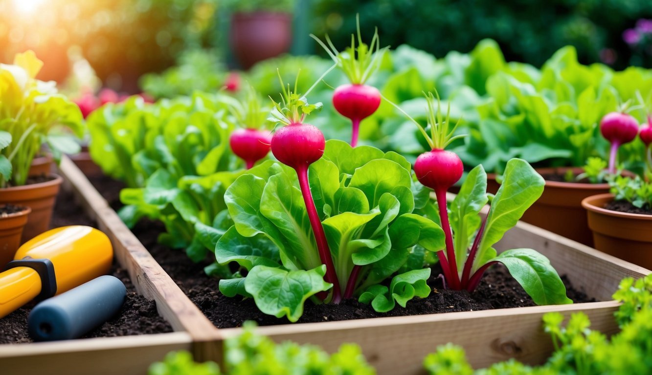 Lush green lettuce and vibrant red radishes sprout from raised garden beds, surrounded by neatly arranged gardening tools and pots of rich soil