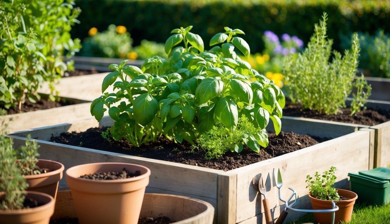 A sunny garden with raised beds filled with lush basil and thyme plants, surrounded by gardening tools and pots of rich soil