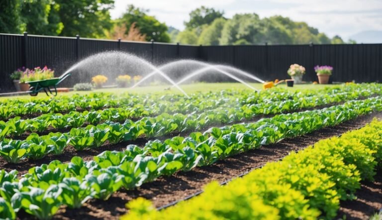 Rows of leafy green crops being watered by sprinklers in a garden