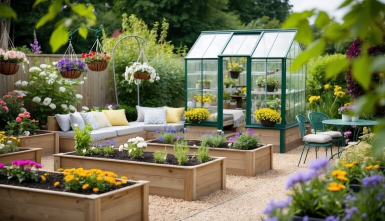 Beautiful garden with a greenhouse, raised beds, seating, and hanging flower baskets