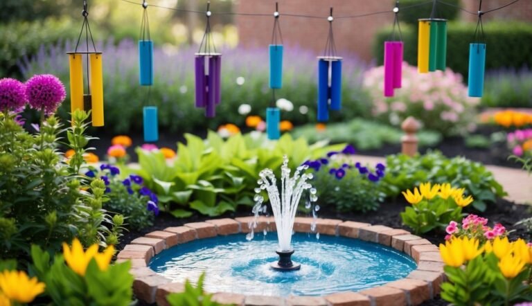 Colorful wind chimes hang over a fountain in a vibrant garden