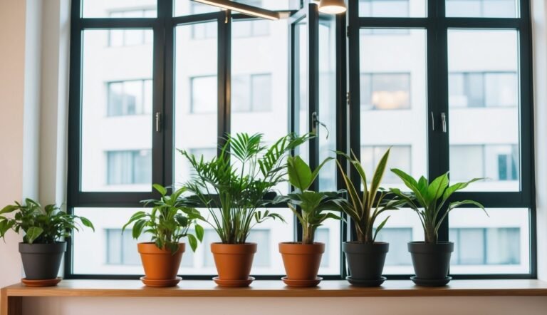 Six potted plants on a wooden shelf in front of a window