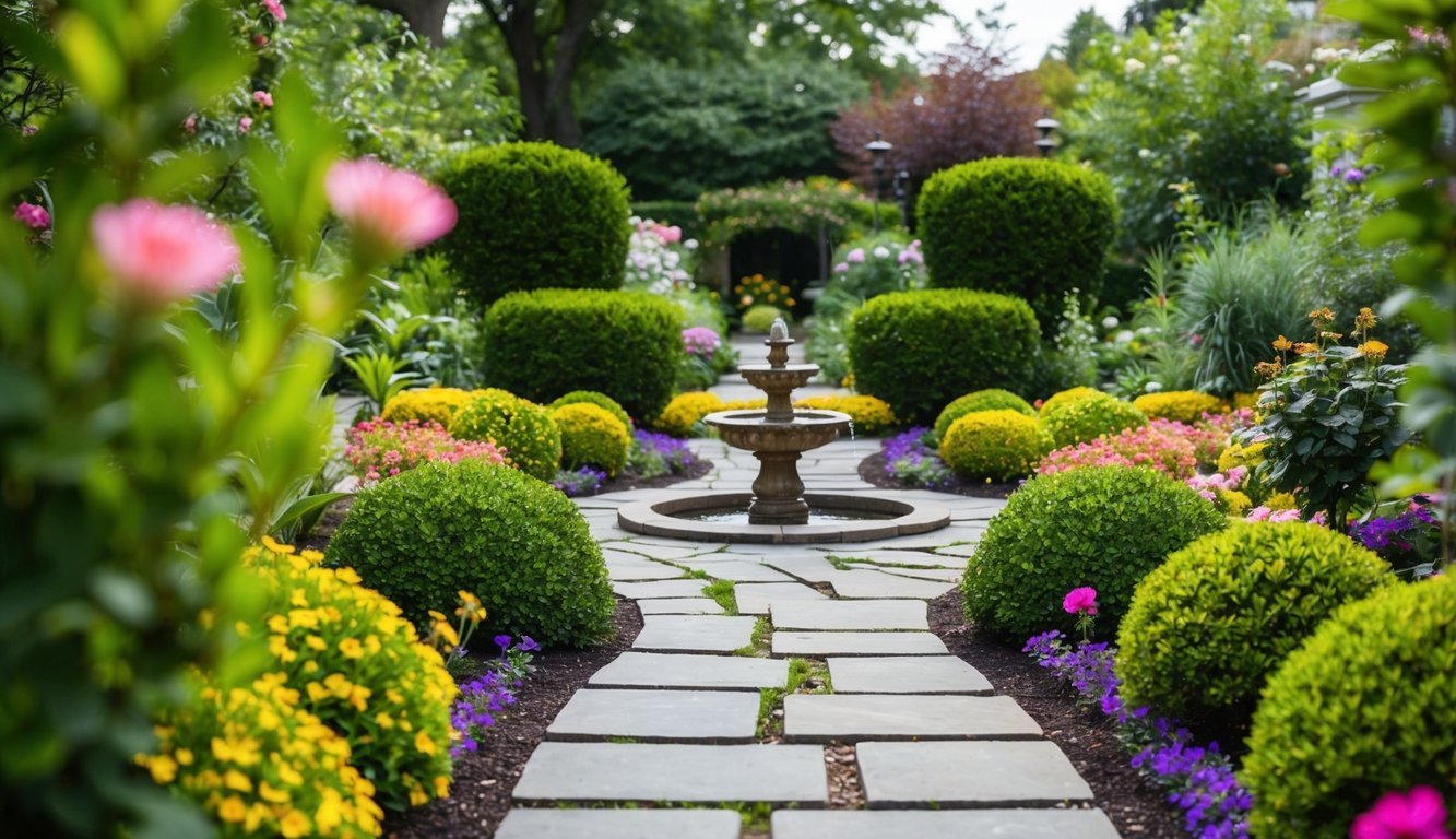 A serene garden with colorful flowers, neatly trimmed shrubs, a winding stone path, and a small fountain in the center