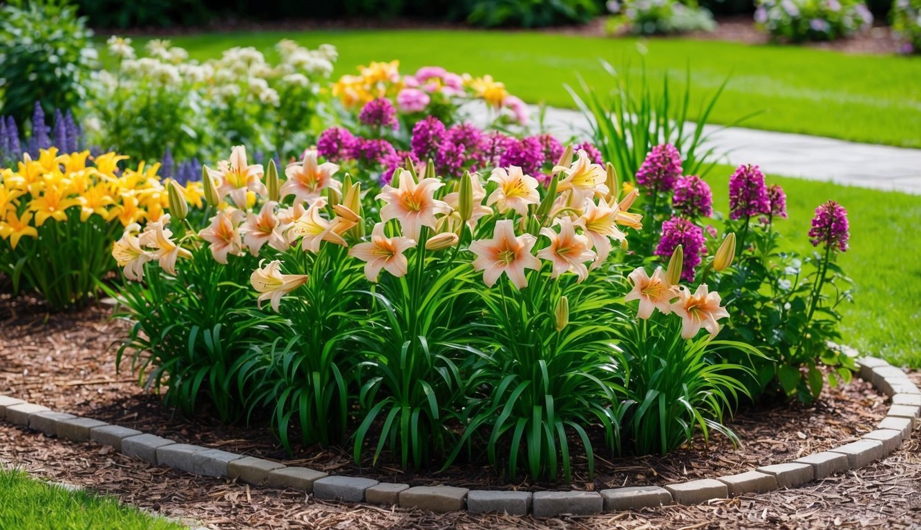 A garden bed filled with vibrant daylilies and other perennials, surrounded by a neatly edged path and a border of mulch