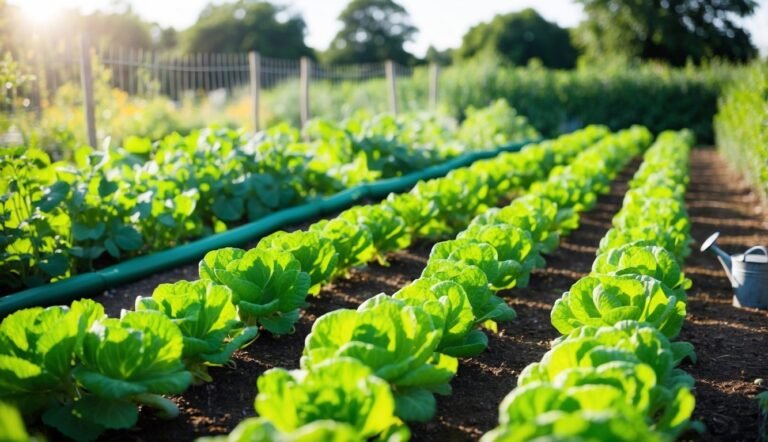 Rows of leafy green vegetables growing in a sunny garden