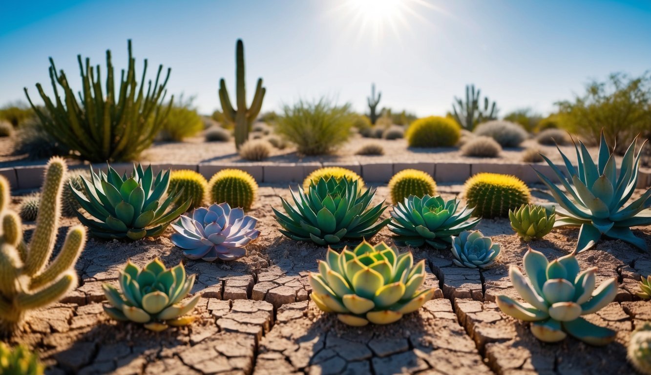 A desert landscape with various types of succulents arranged in a garden bed, surrounded by dry, cracked earth.</p><p>The sun is shining brightly overhead, casting shadows on the plants